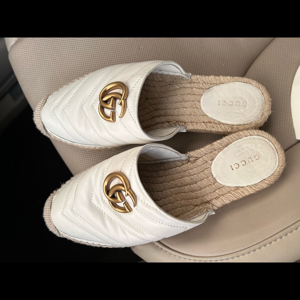 GUCCI WHITE MARMONT LADIES CALFSKIN GG ESPADRILLE SLIPPER SANDALS